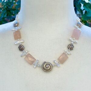 Pink Quartz and Freshwater Pearl Silver-Tone Sea Shells 17.5” Handmade Necklace